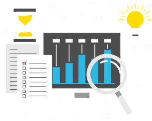 Magnifying glass over a bar graph, checklist, hourglass, and light bulb, suggesting analysis and ideas.
