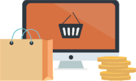 Shopping online concept: Computer, shopping bag, coins, and shopping basket icon on screen.