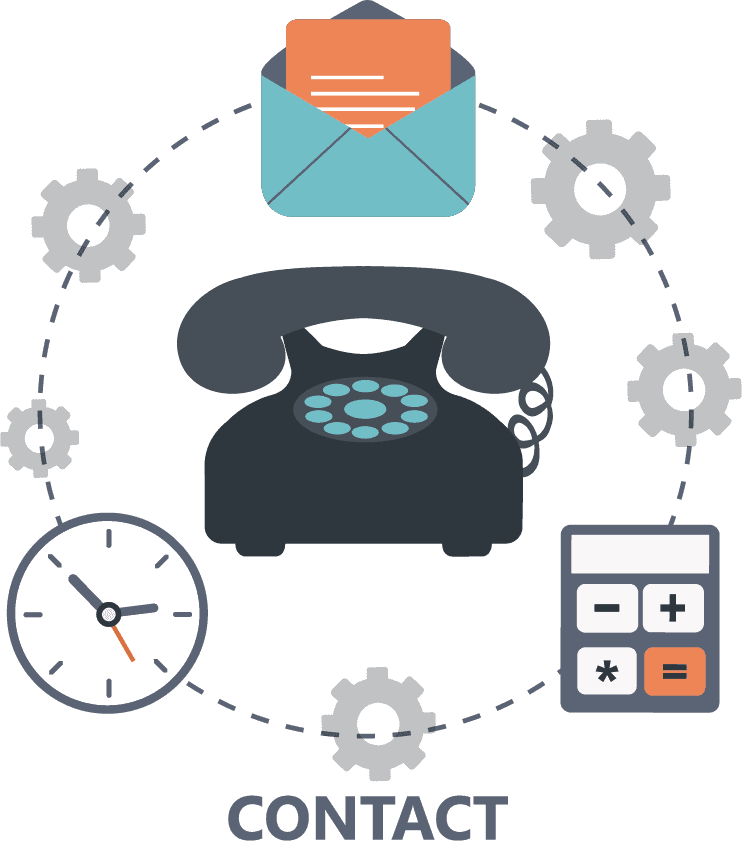 Contact icons: phone, envelope, clock, calculator, gears, arranged in a circle.