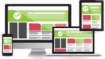 Website design displayed on a desktop, laptop, tablet, and mobile phone screens; green and red design layout.