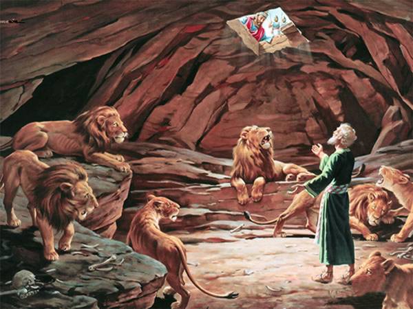A painting of a man surrounded by lions in a cave