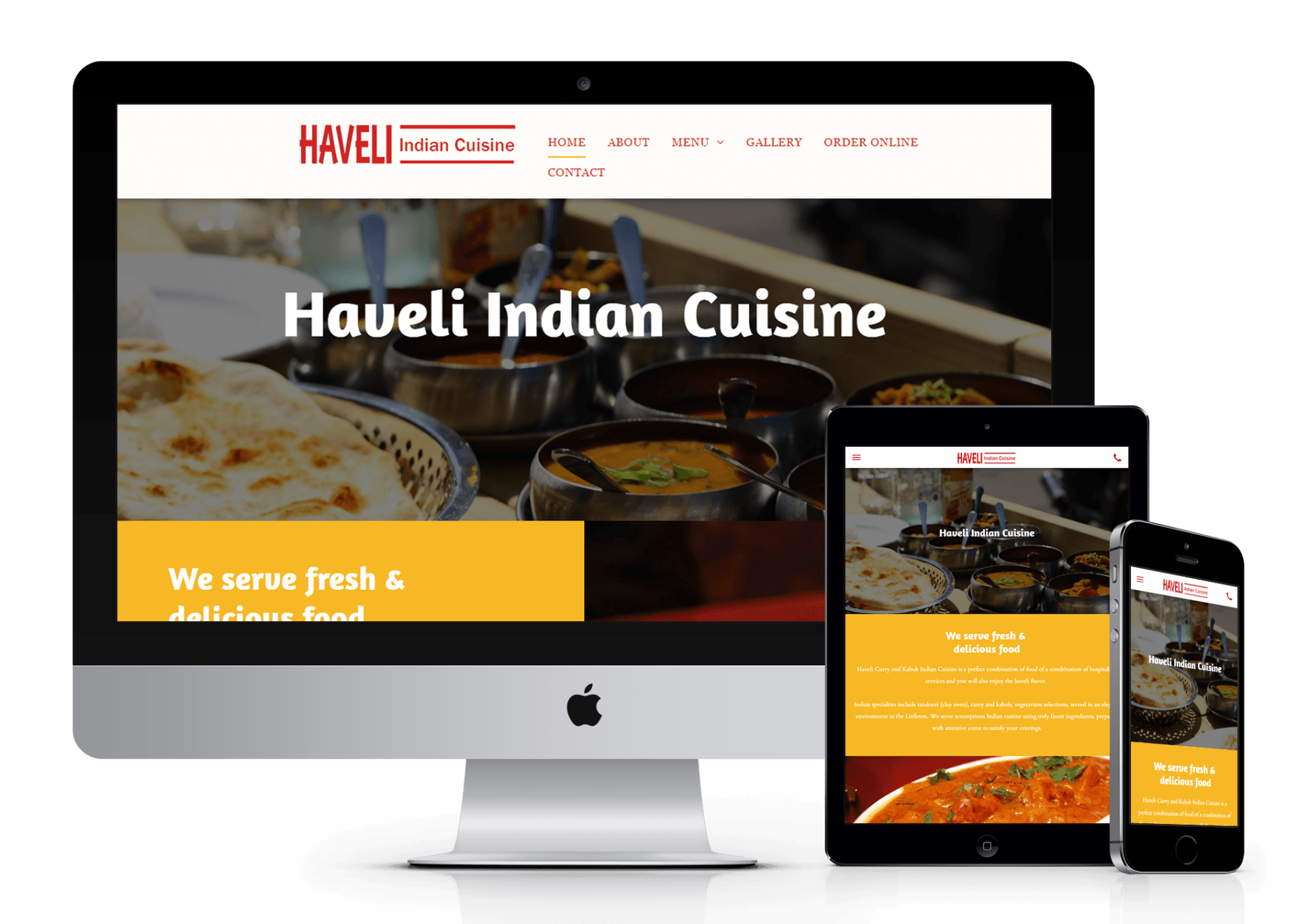Website for Haveli Indian Cuisine displayed on a computer, tablet, and phone.