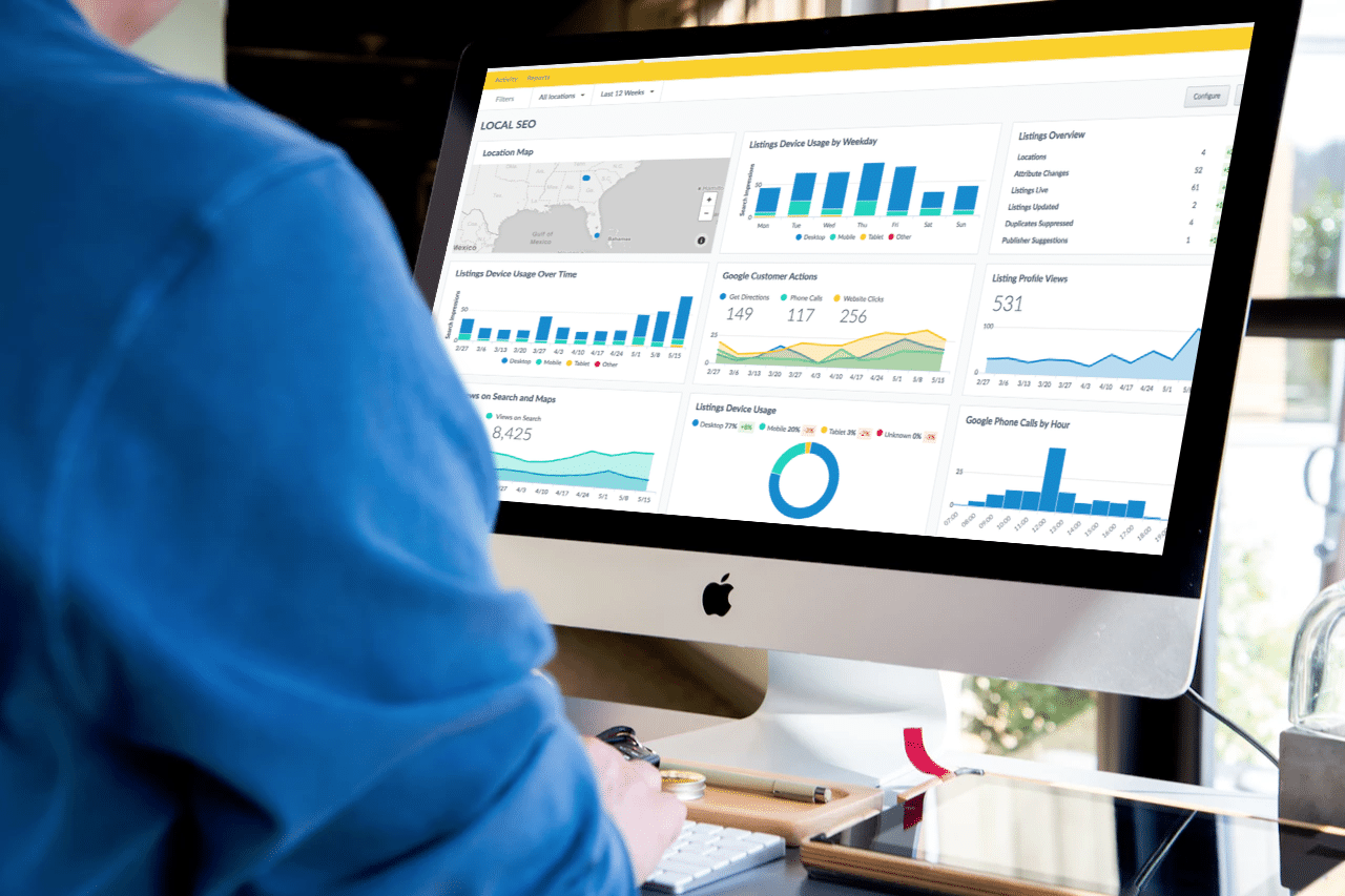 Person using a computer displaying data visualizations, likely analytics, in an office setting.