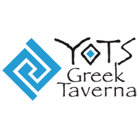 Yots Greek Taverna logo with blue geometric icon and black text on white background