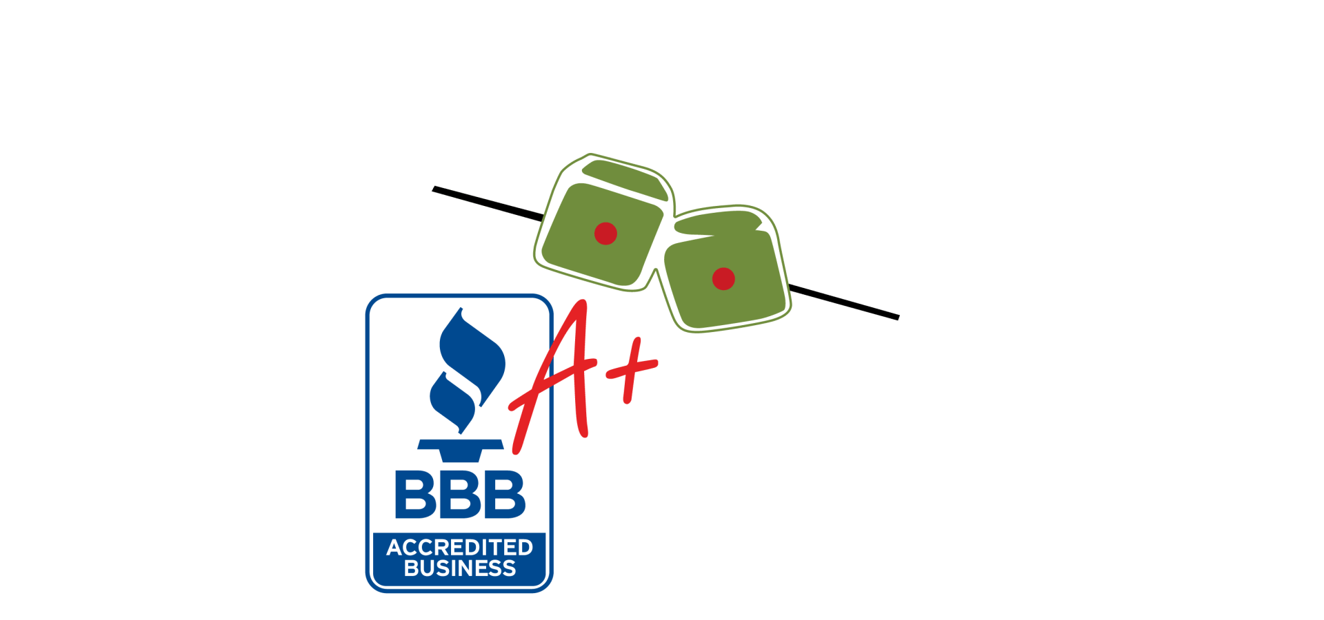 A bbb accredited business logo with two dice on a stick.