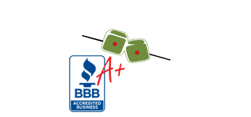 A bbb accredited business logo with two dice on a stick.