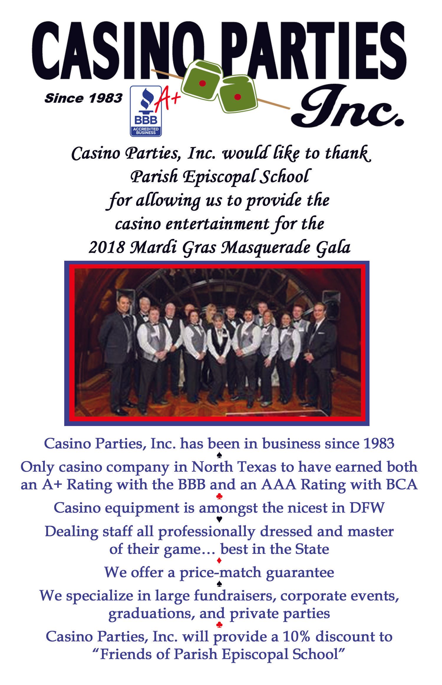 A poster for casino parties inc. with a picture of a group of people