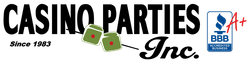 The logo for casino parties inc. has dice on it