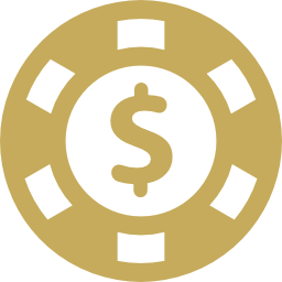 A gold poker chip with a dollar sign in the center.