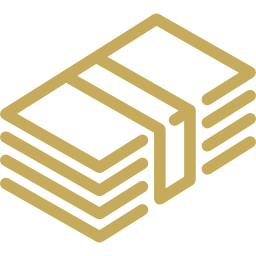 A gold icon of a stack of money on a white background.
