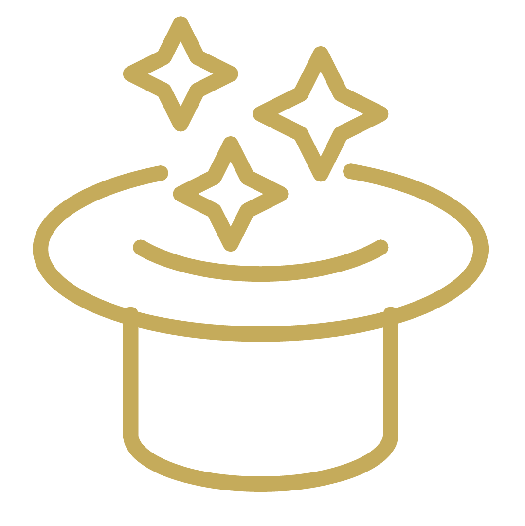 A line drawing of a top hat with stars coming out of it.