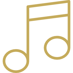 A gold line drawing of a music note on a white background.