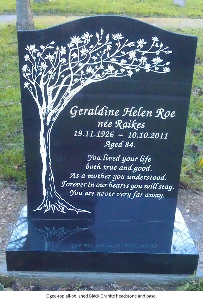 Ogee-top all-polished Black Granite headstone and base.