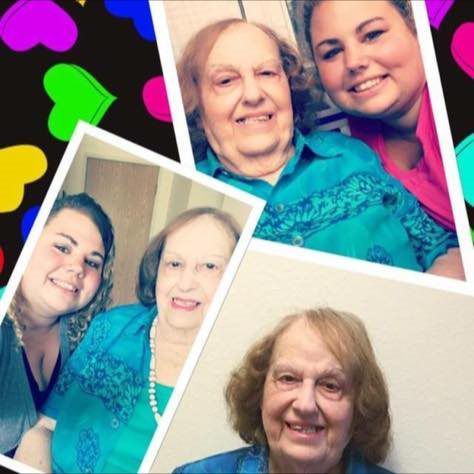 A collage of four pictures of women with hearts in the background