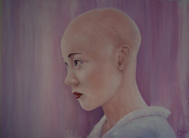 Een schilderij van een vrouw met een geschoren hoofd