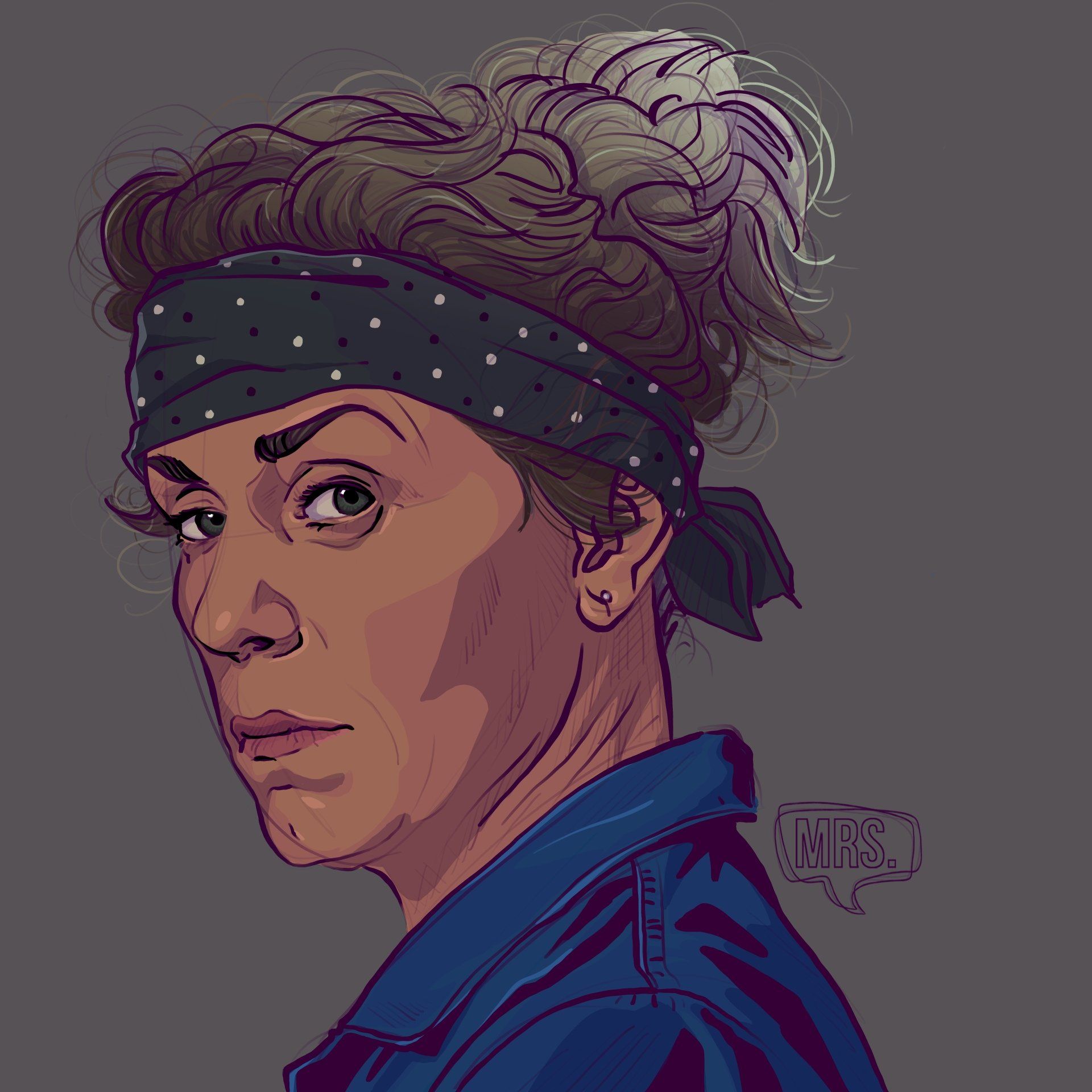 Een tekening van een vrouw met een hoofdband en een blauw shirt.