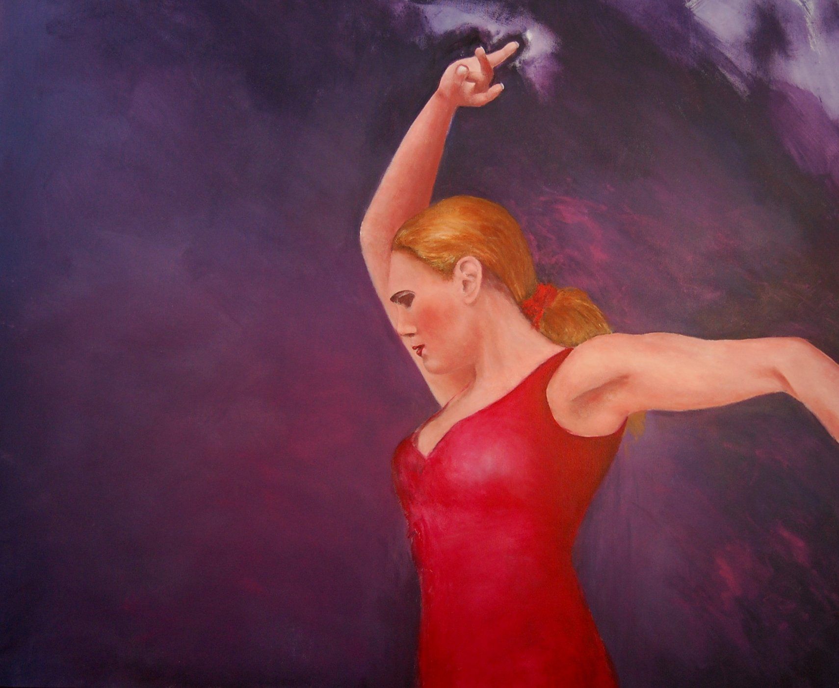 Een schilderij van een vrouw in een rode jurk die flamenco danst.