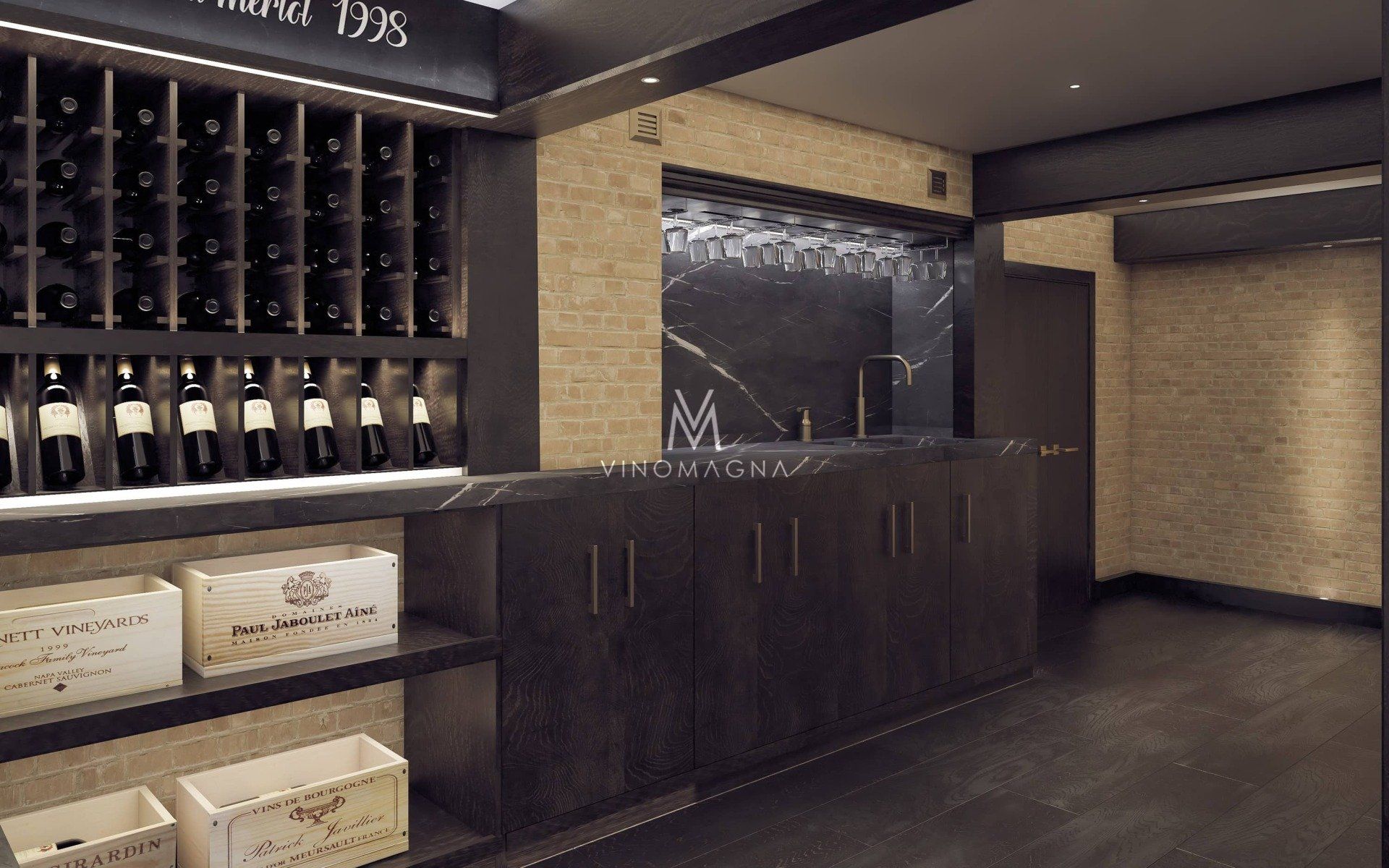Vinomagna aged oak custom red wine cellar with lower case shelving Vinomagna aged oak custom red wine cellar with lower case shelving