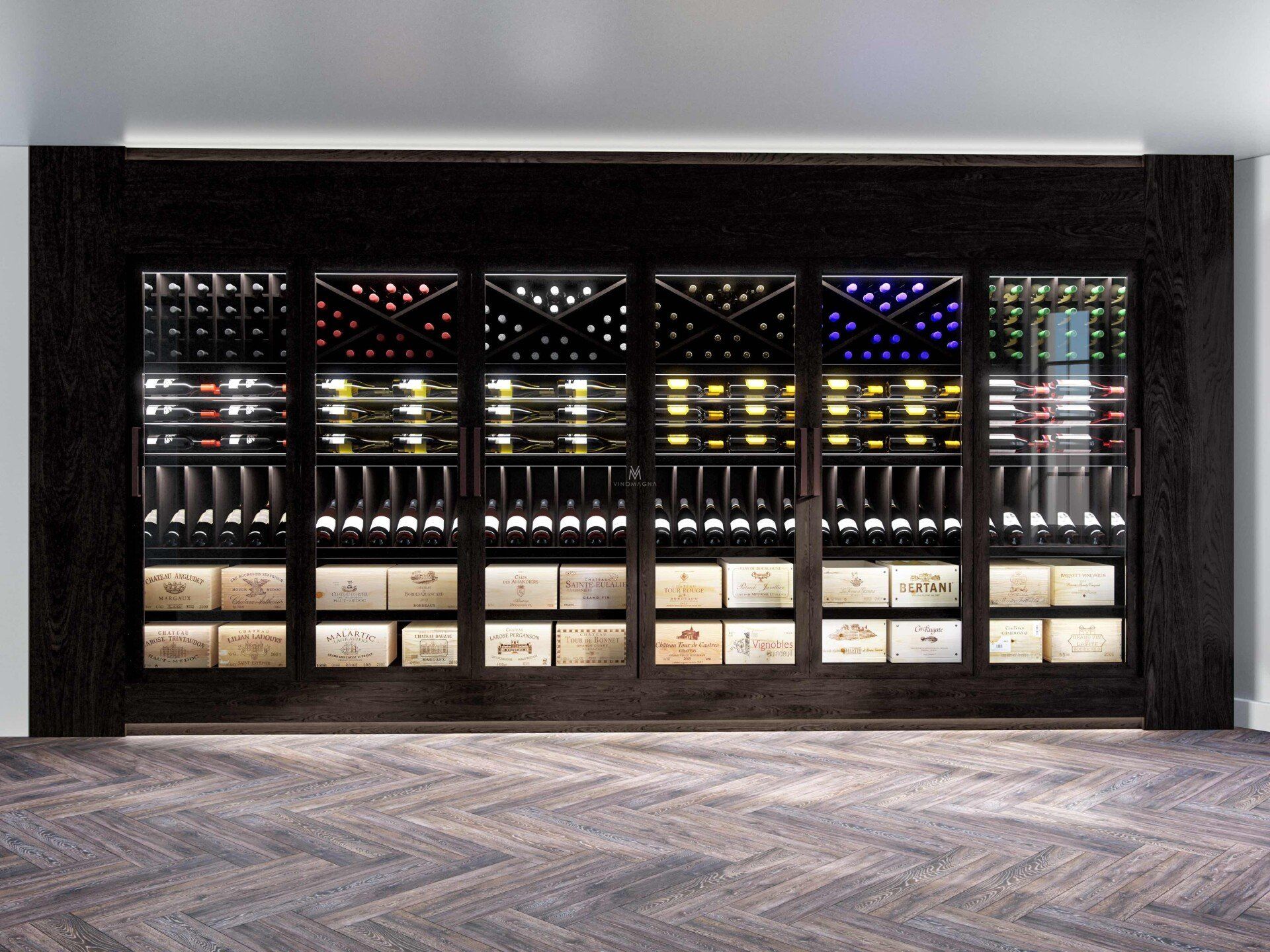 home wine cellar in london with wooden racking and metal linear shelving vinomagna
