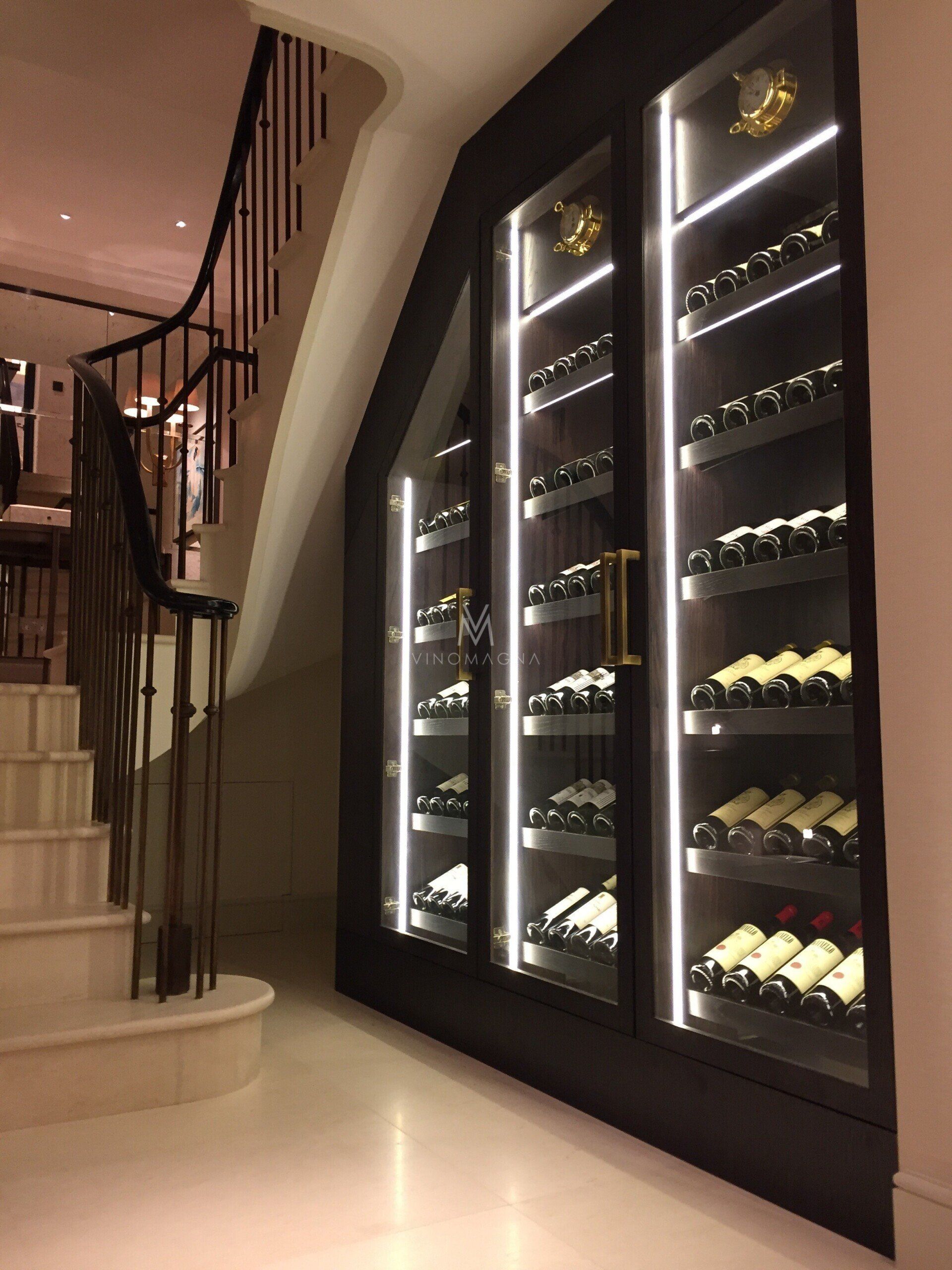 Vinomagna under stairs custom wine display full view Vinomagna Under stairs custom wine display full view