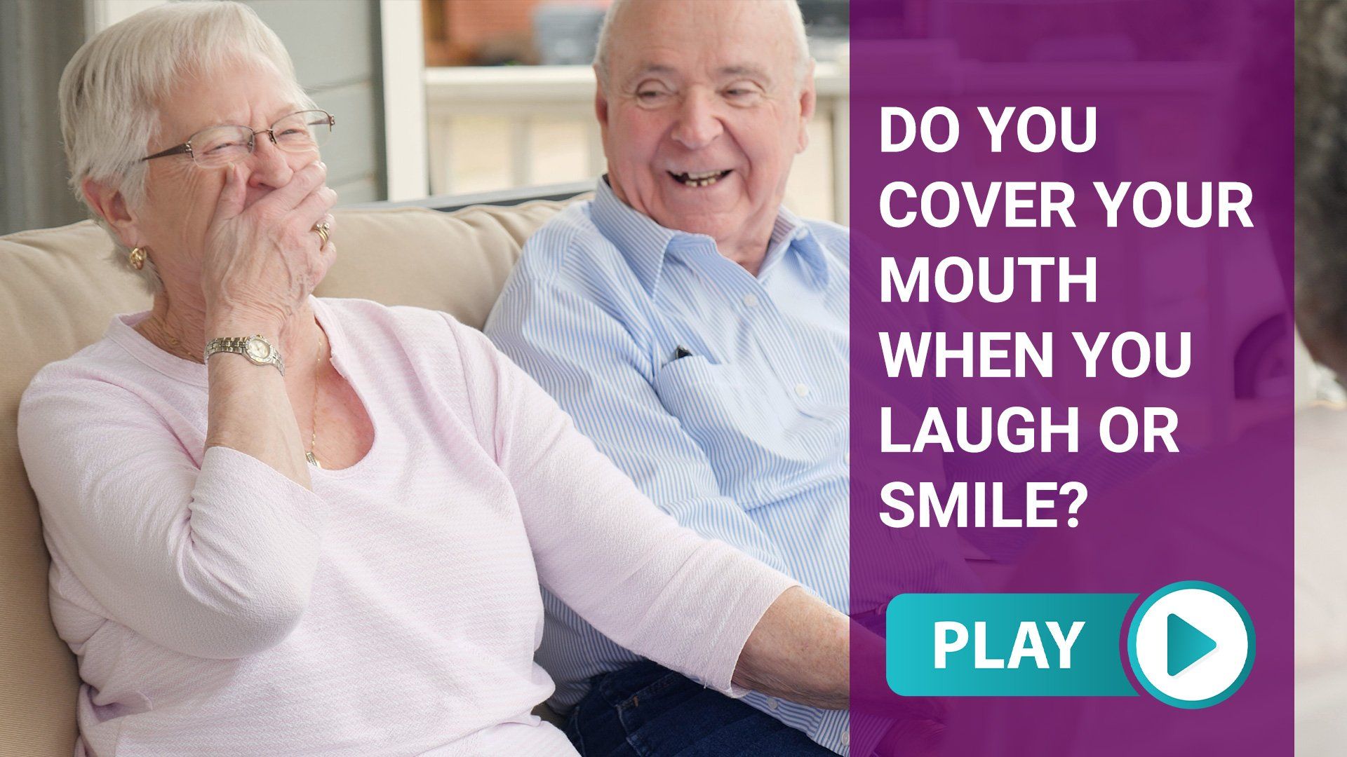 Elderly couple laughing on a couch; woman covering mouth. Text asks, 