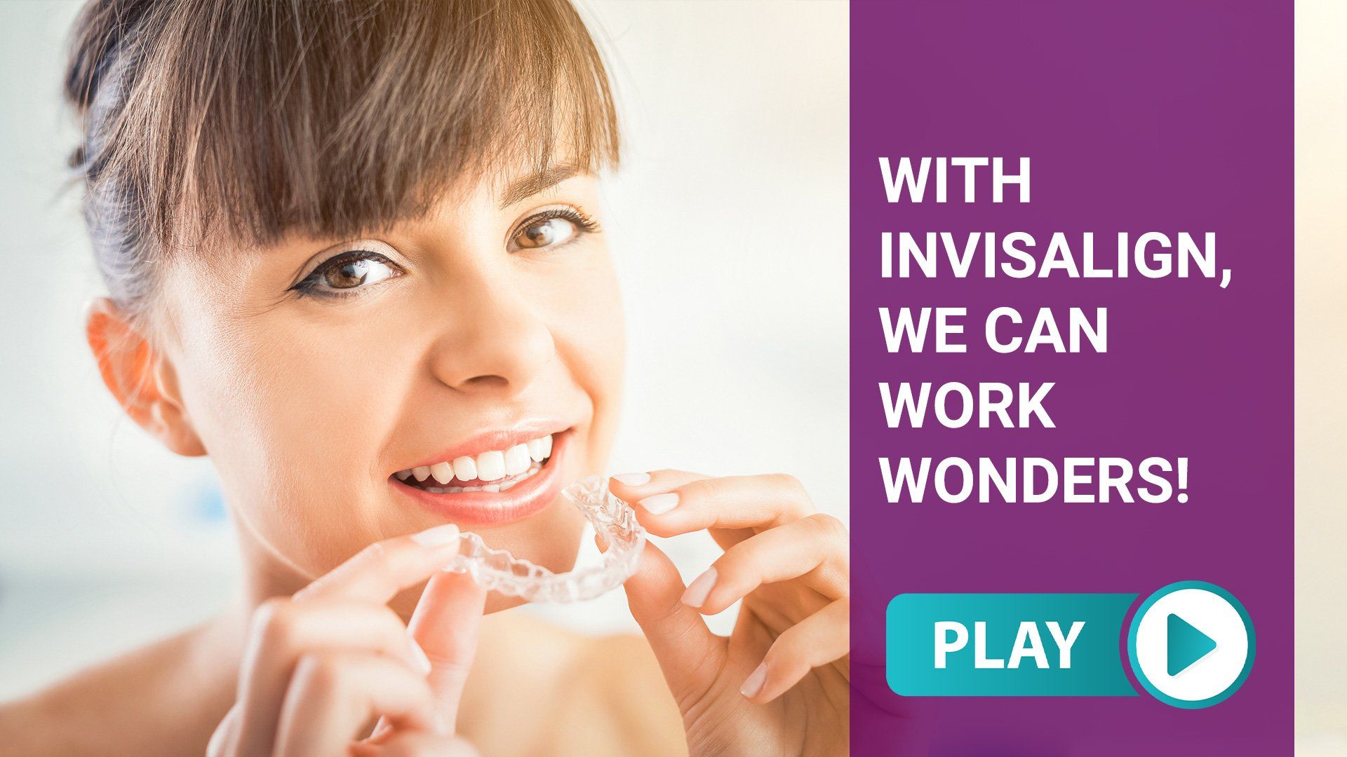 Woman smiling, holding Invisalign aligners; text: 