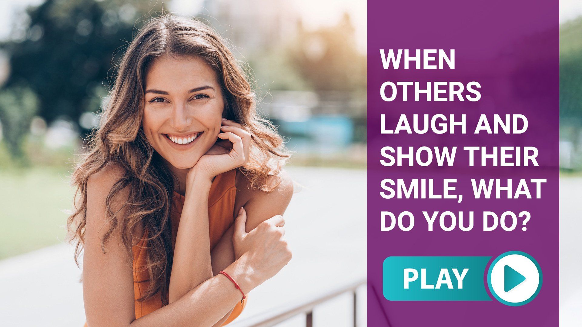 Woman smiling outdoors; text: 