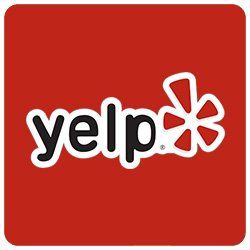 Yelp logo on a red square. White text reads 
