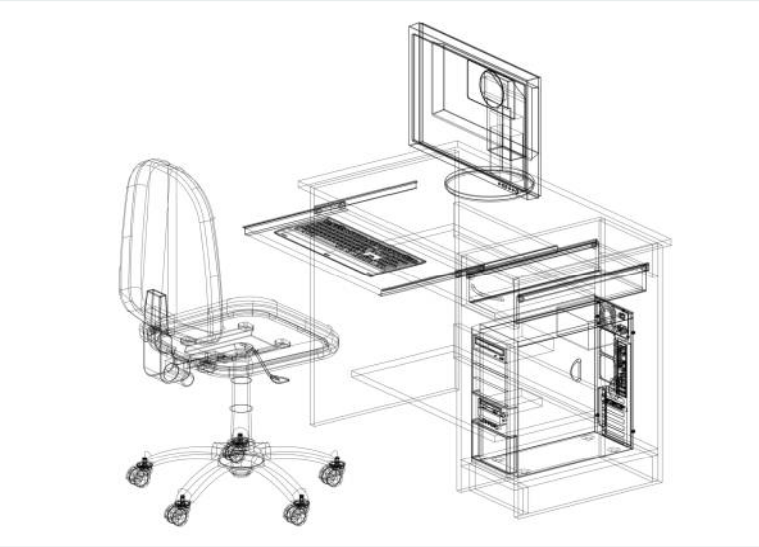 A computer desk with a computer and a chair on it.