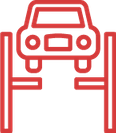Icône de voiture rouge sur un pont élévateur, contour rouge