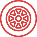 Roue ou emblème circulaire rouge avec huit formes intérieures ressemblant à des rayons et un double contour rouge sur fond blanc.