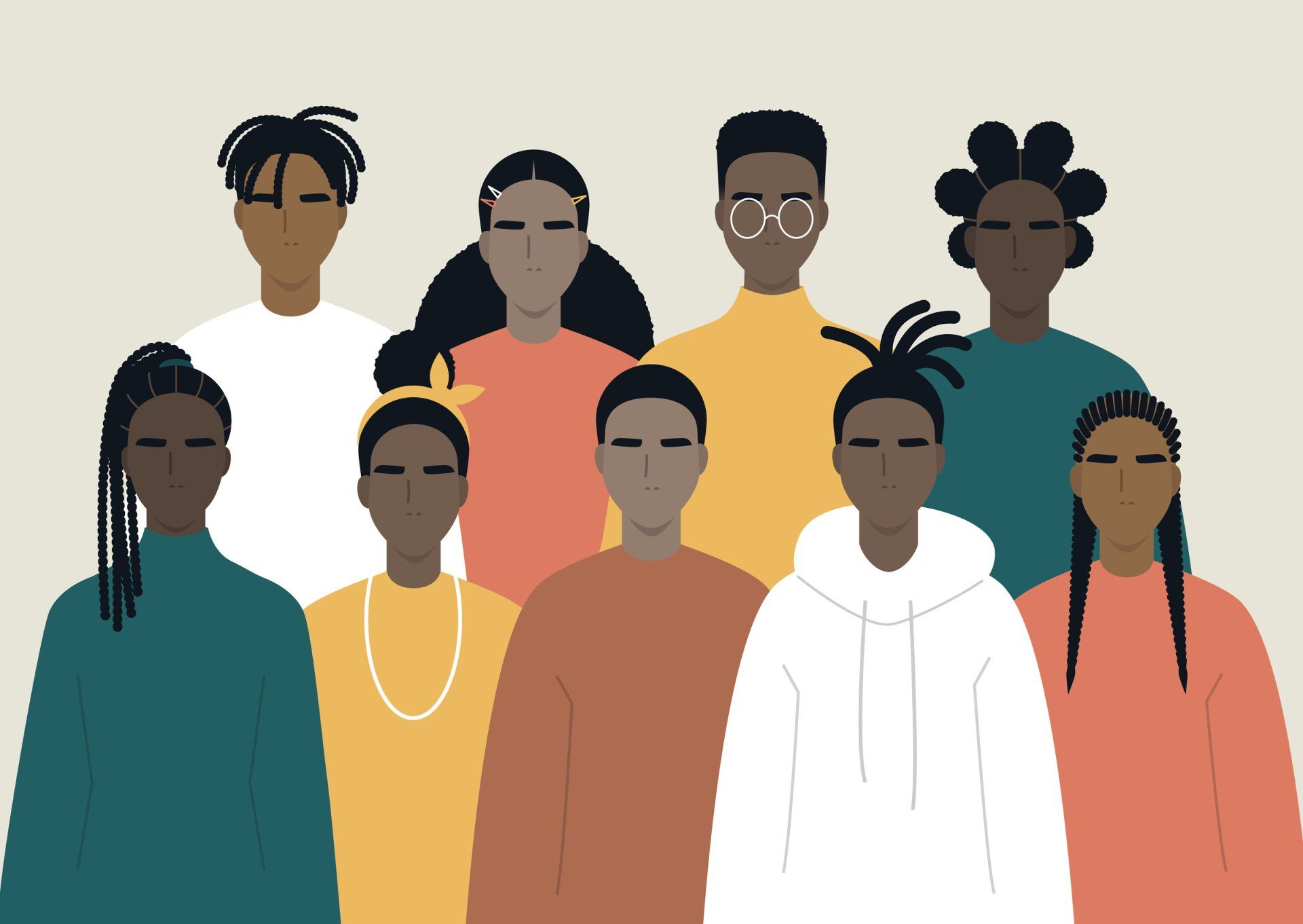 A group of people standing next to each other with their eyes closed.