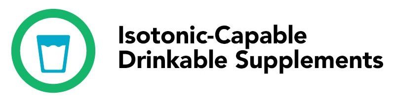 A logo for isotonic-capable drinkable supplements with a glass of water in a green circle.