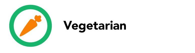 A vegetarian logo with a carrot in a green circle.