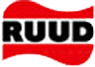 RUUD logo in black letters on red curved shape.