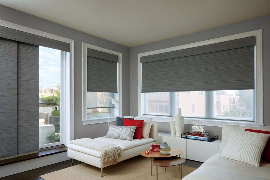 Living room in Kent, WA with HD Designer Roller Shades