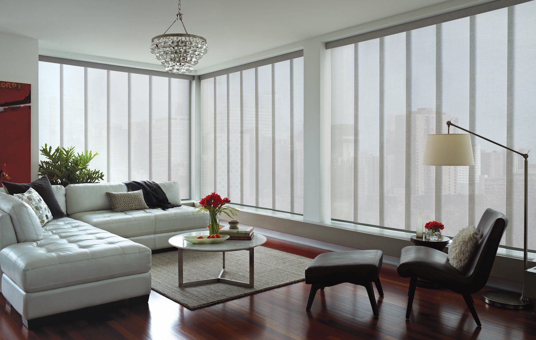 Penthouse living room near Bellevue, WA with gliding window panels