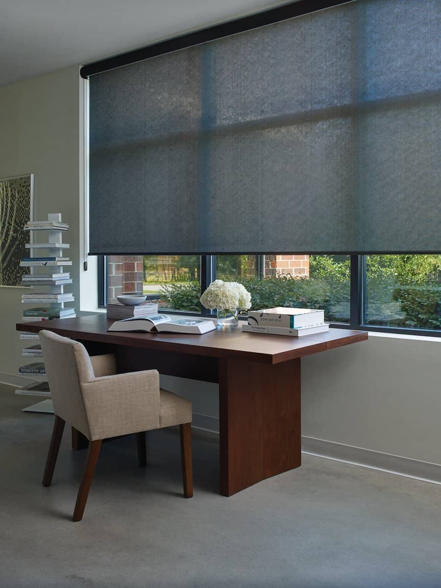 Home office with custom designer screen shades near Renton, WA