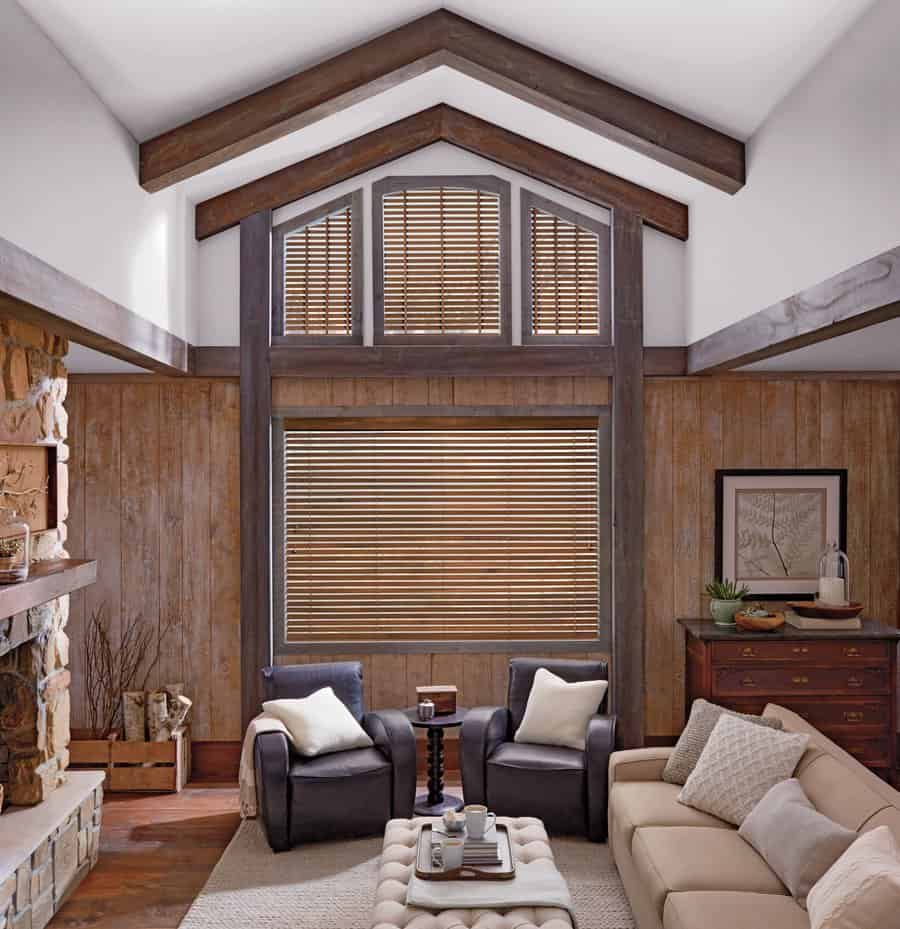 Living room in Auburn, WA with Parkland wood blinds installed
