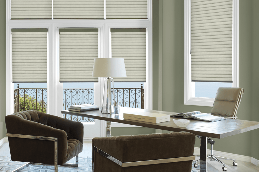 Home office in Des Moines, WA with cellular roller shades installed