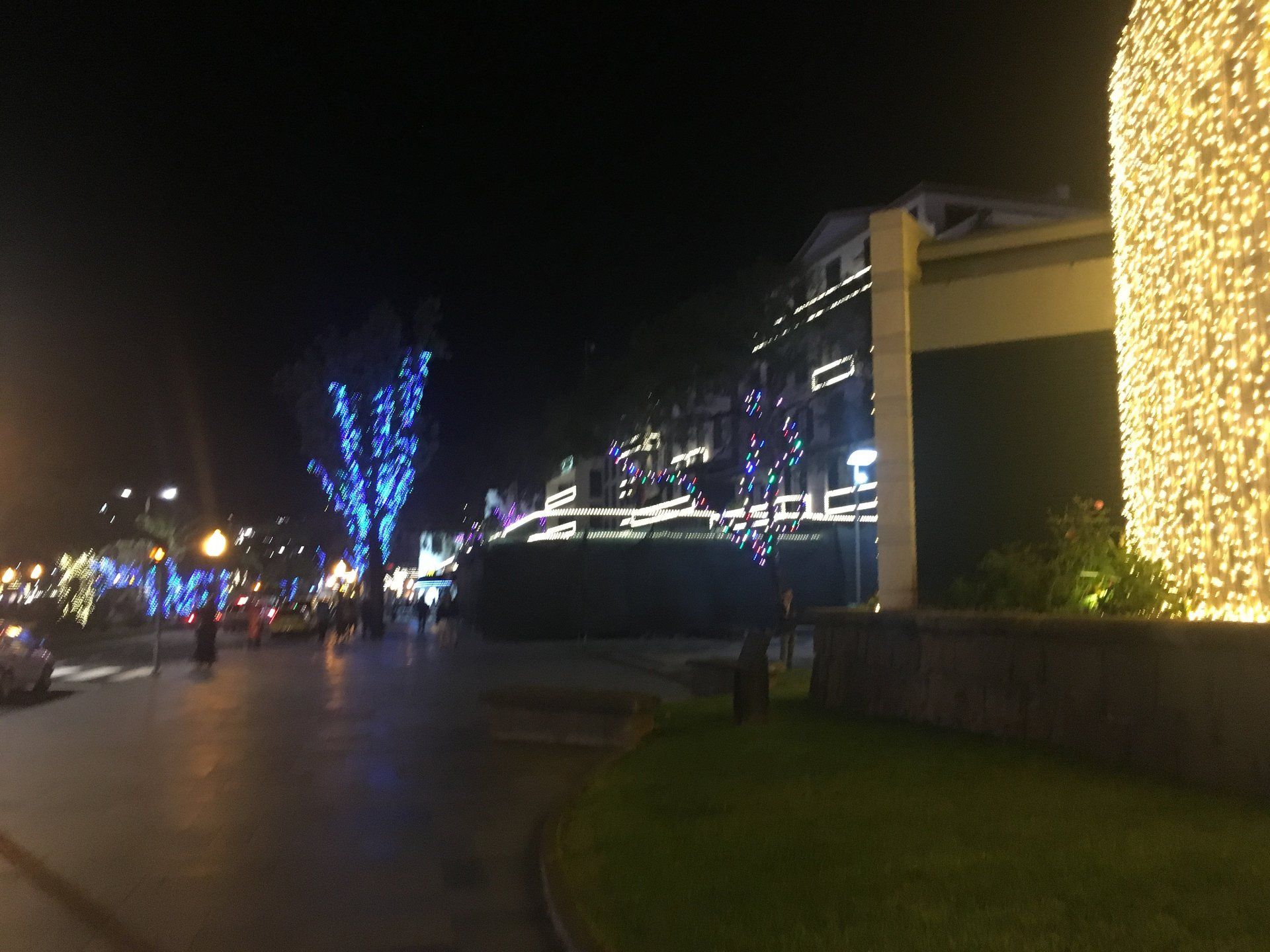 Nachtszene einer Straße mit Gebäuden und Bäumen, die mit blauen und weißen Lichtern geschmückt sind.