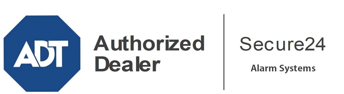 ADT Authorized Dealer Secure24 Alarm Systems logo with blue octagon and text.