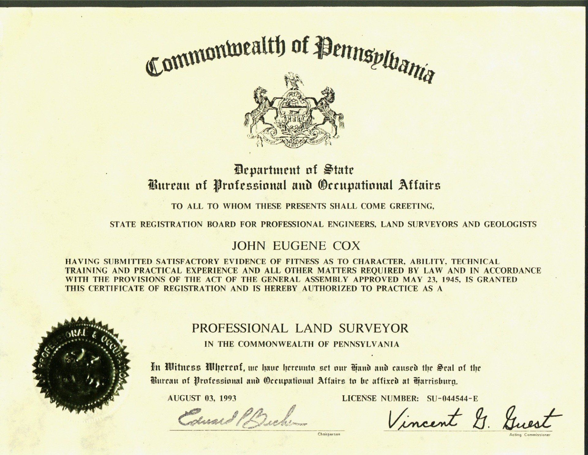 Surveyor License - Cox Surveying in Lewis Run, PA. Surveyor License - Cox Surveying in Lewis Run, PA.