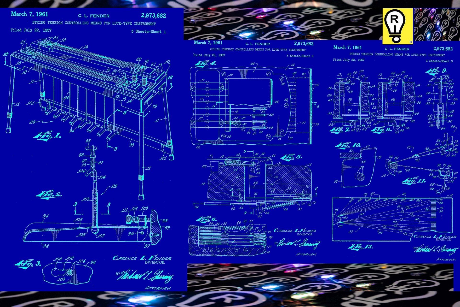 Blue blueprint diagrams of a mechanism, possibly a printing press, on a dark surface with glowing lights.