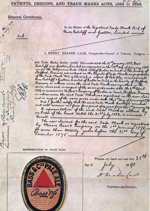 Certificate for Bass & Co Pale Ale trade mark, with an image of the iconic red triangle logo and text.