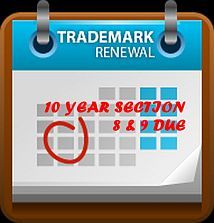 Calendar graphic indicating trademark renewal requirements for sections 8 & 9, due at the 10-year mark.