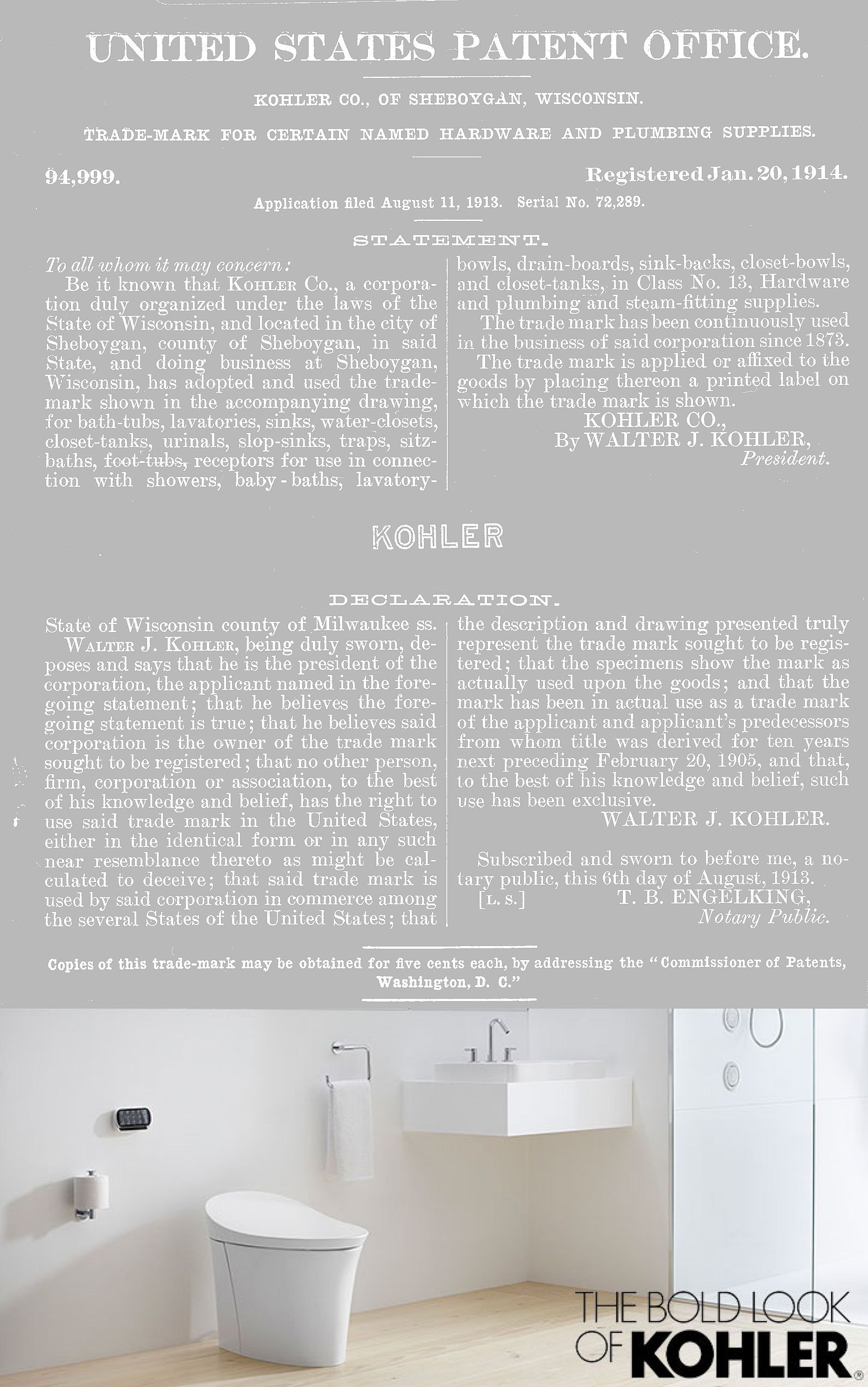 Patent document, toilet, sink, and accessories, showcasing the design of a KOHLER bathroom.