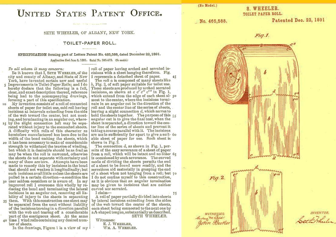 Patent for toilet paper roll showing text and an illustration.