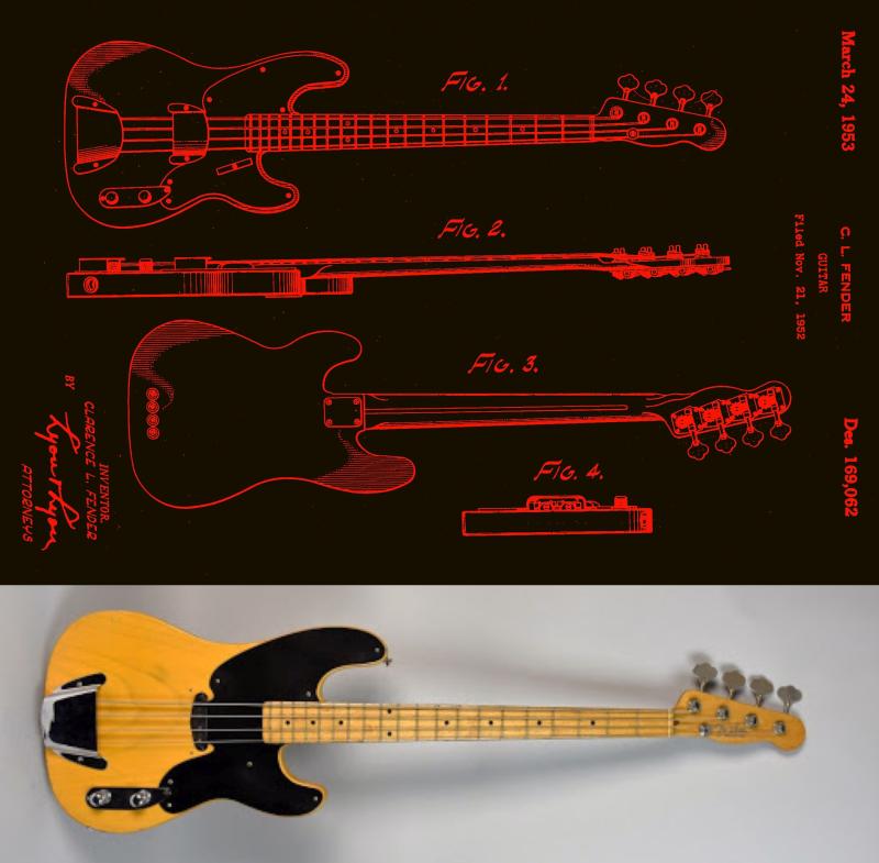 Top: Red Fender Precision Bass patent diagrams. Bottom: Yellow and black Fender Precision Bass.