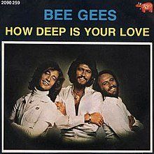 Bee Gees album cover: three men in white shirts, smiling, titled 